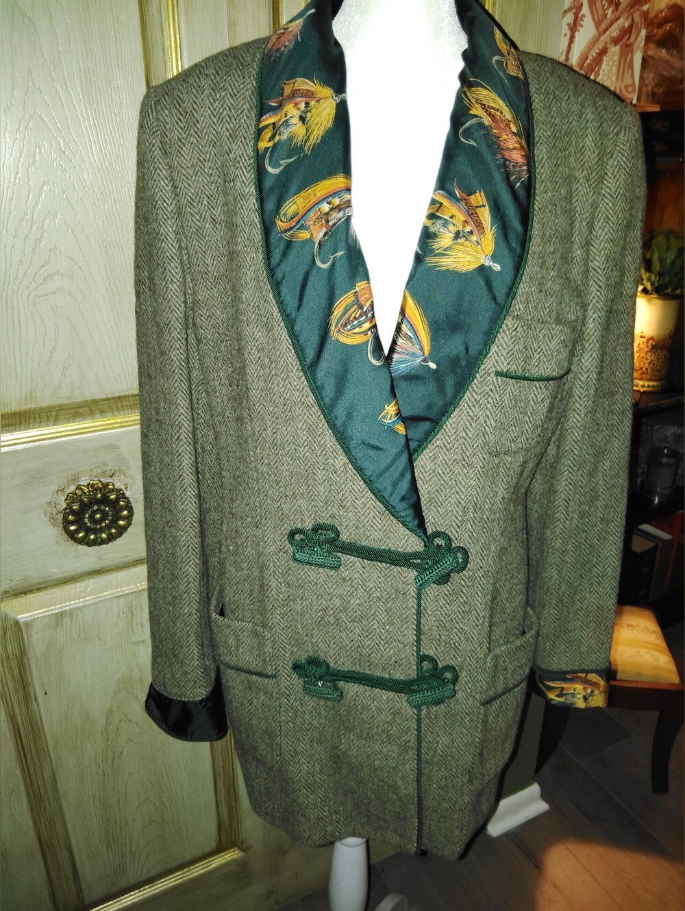 RARE Vintage 90's Wathne Wool & Silk Print Jacket Green Toggles Sz 12